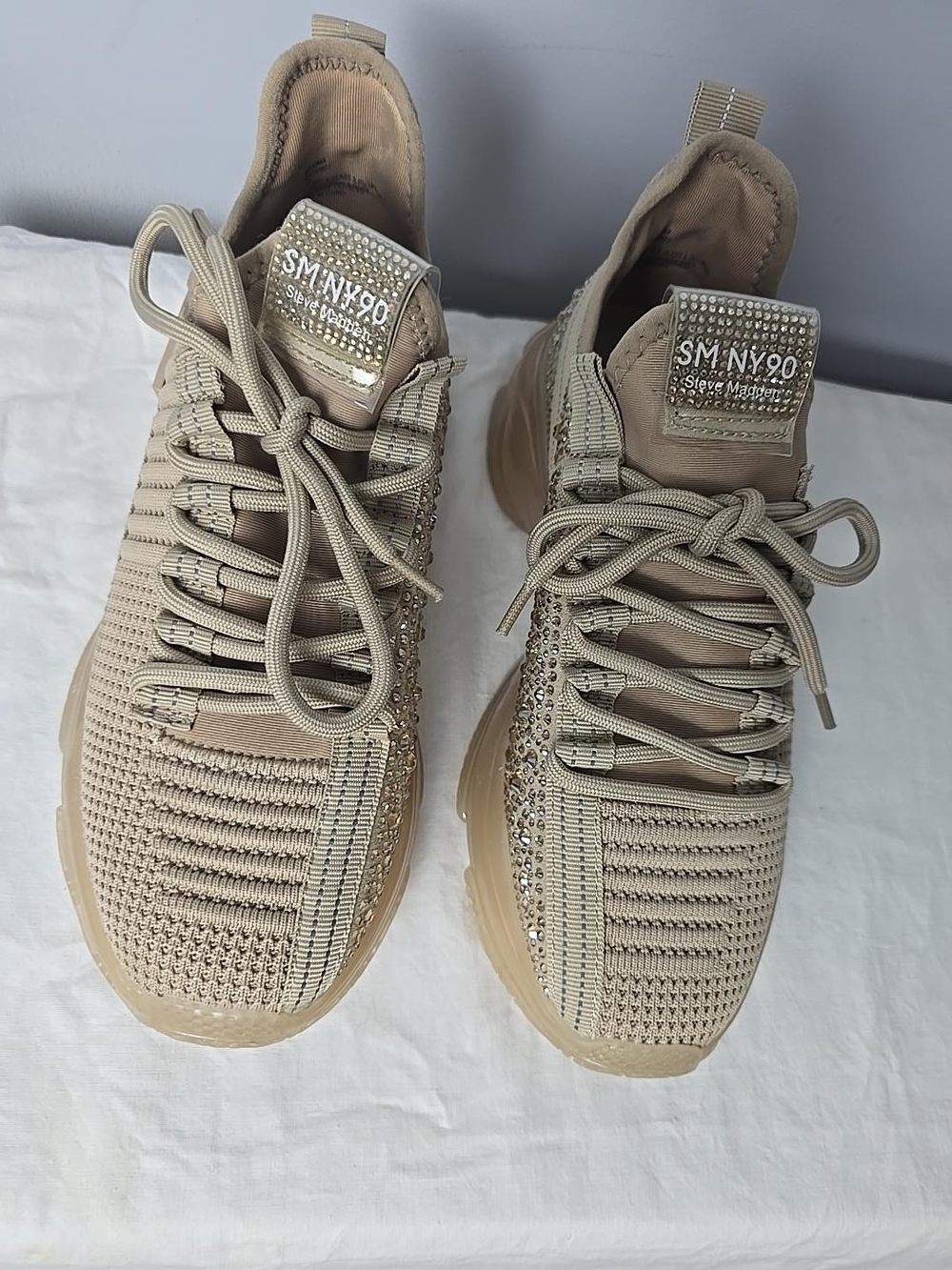 Steve Madden Beige Knit Sneakers with Crystal Embellishments